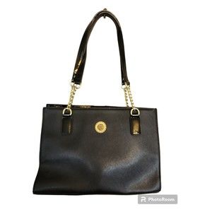 Anne Klein Black Leather Baguette Chain Strap Bottom Studs Tote Bag Purse